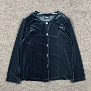 Vintage 90s Teal Green Velour Collarless Button Front Cardigan Sweater Women’s M
